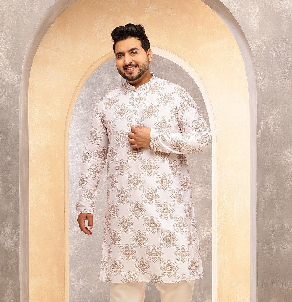 Men's Cotton Linen Printed White Long Kurta