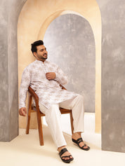 Men's Printed Cotton Linen White Kurta With White Pyjama