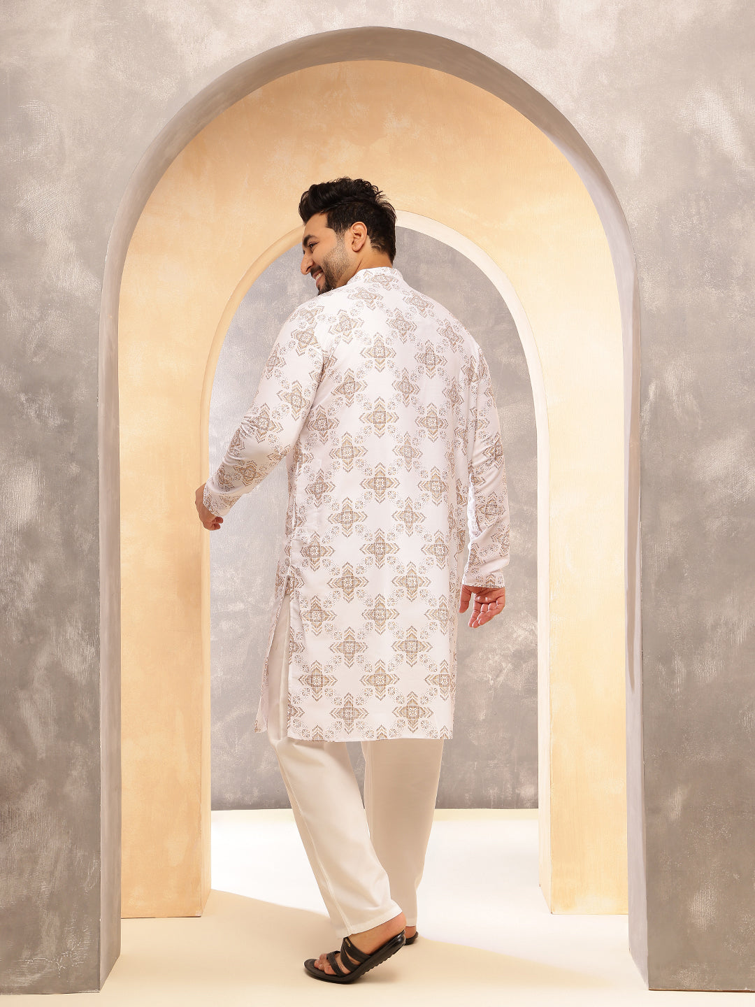 Men's Printed Cotton Linen White Kurta With White Pyjama