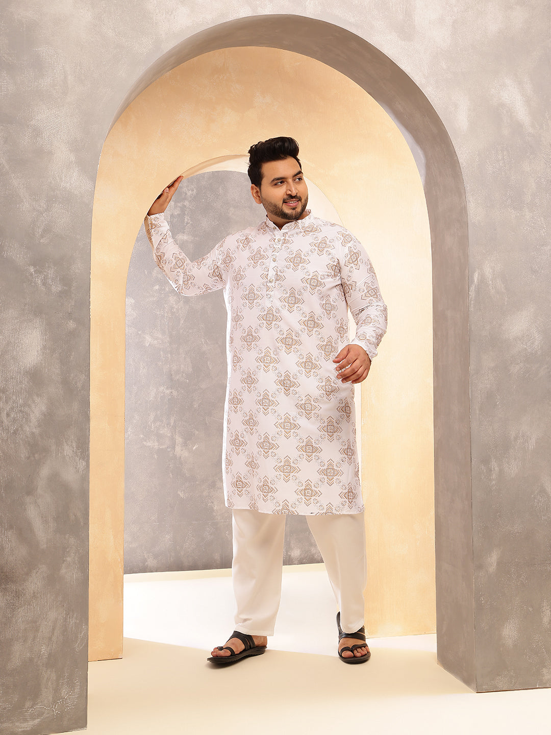Men's Printed Cotton Linen White Kurta With White Pyjama