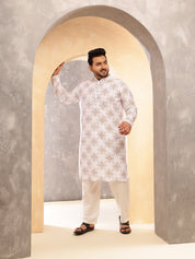 Men's Printed Cotton Linen White Kurta With White Pyjama
