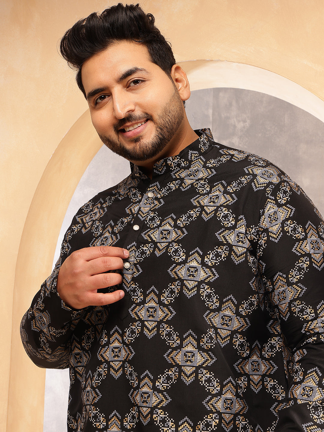 Men's Cotton Linen Printed Black Long Kurta