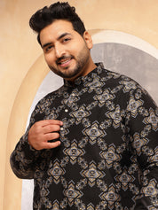 Men's Cotton Linen Printed Black Long Kurta