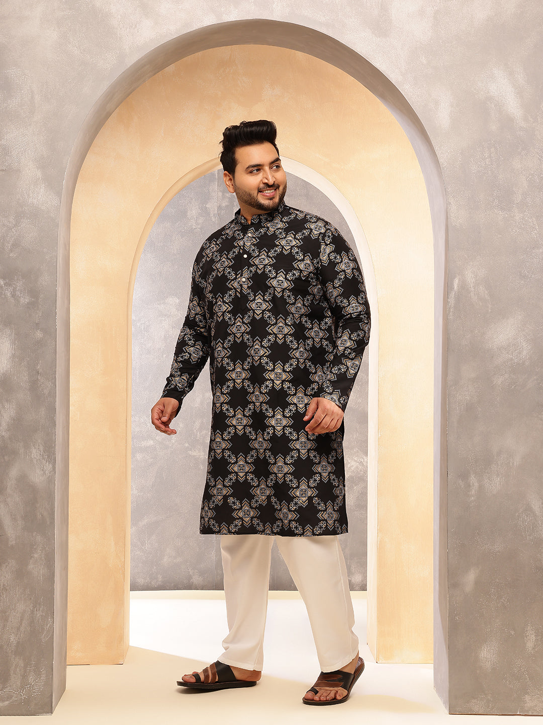 Men's Cotton Linen Printed Black Long Kurta