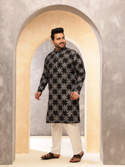 Men's Cotton Linen Printed Black Long Kurta
