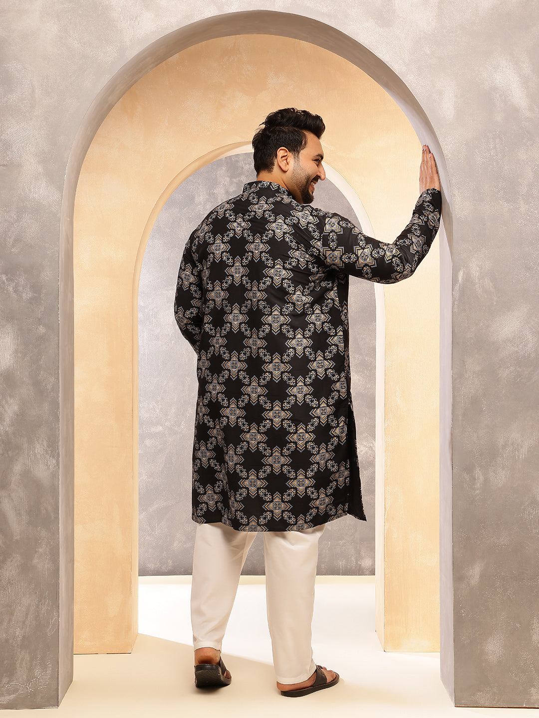 Men's Cotton Linen Printed Black Long Kurta