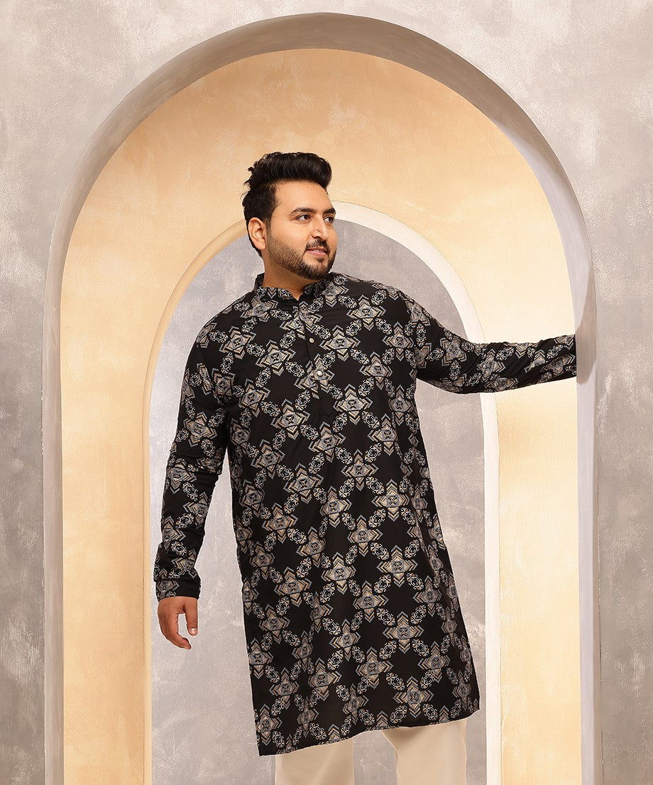 Men's Cotton Linen Printed Black Long Kurta