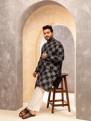 Men's Cotton Linen Printed Black Long Kurta