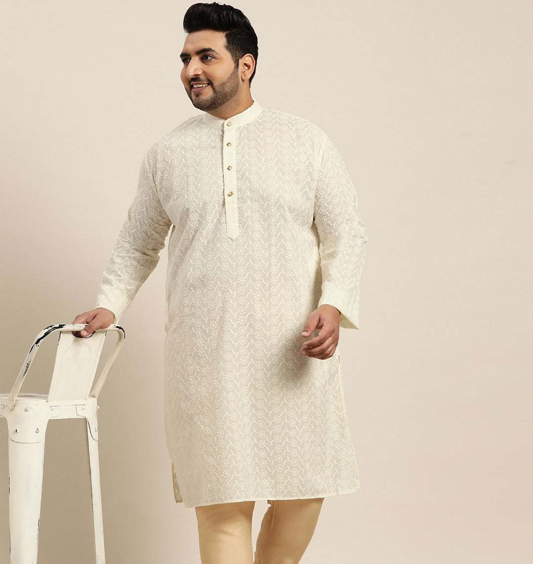 Men's 100% Cotton Cream Chikankari Kurta