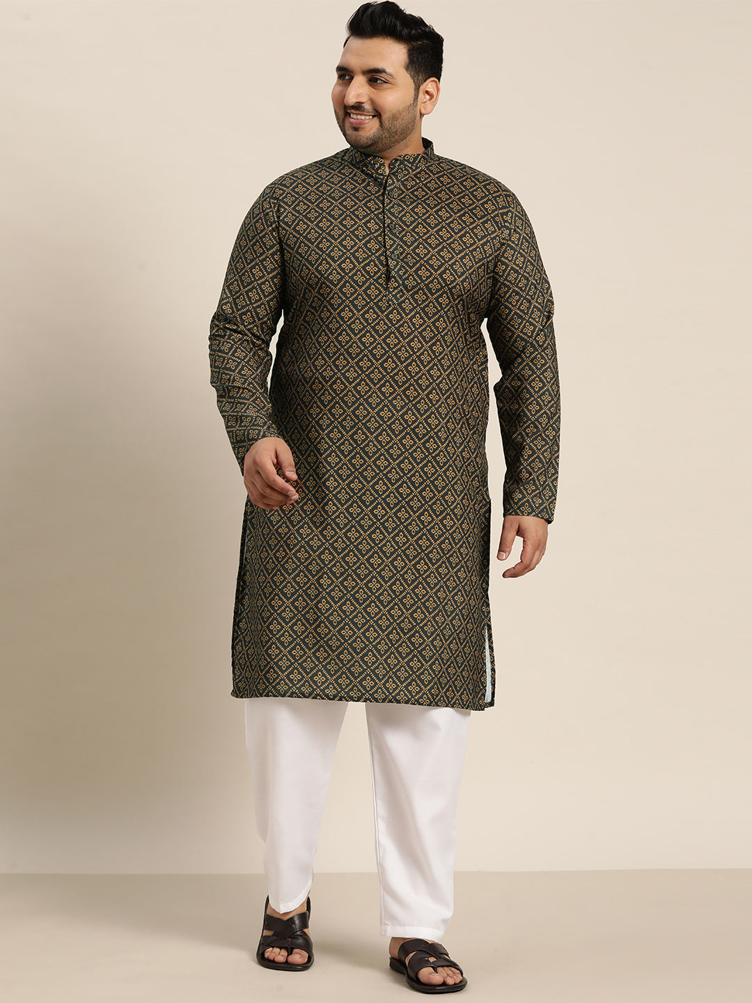 Men's Cotton Black and Mustard Printed Kurta and White Pyjama