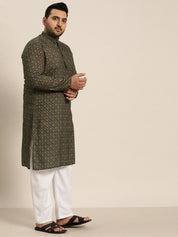 Men's Cotton Black and Mustard Printed Kurta and White Pyjama