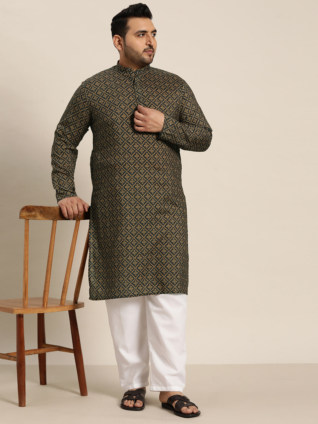 Men's Cotton Black and Mustard Printed Kurta and White Pyjama