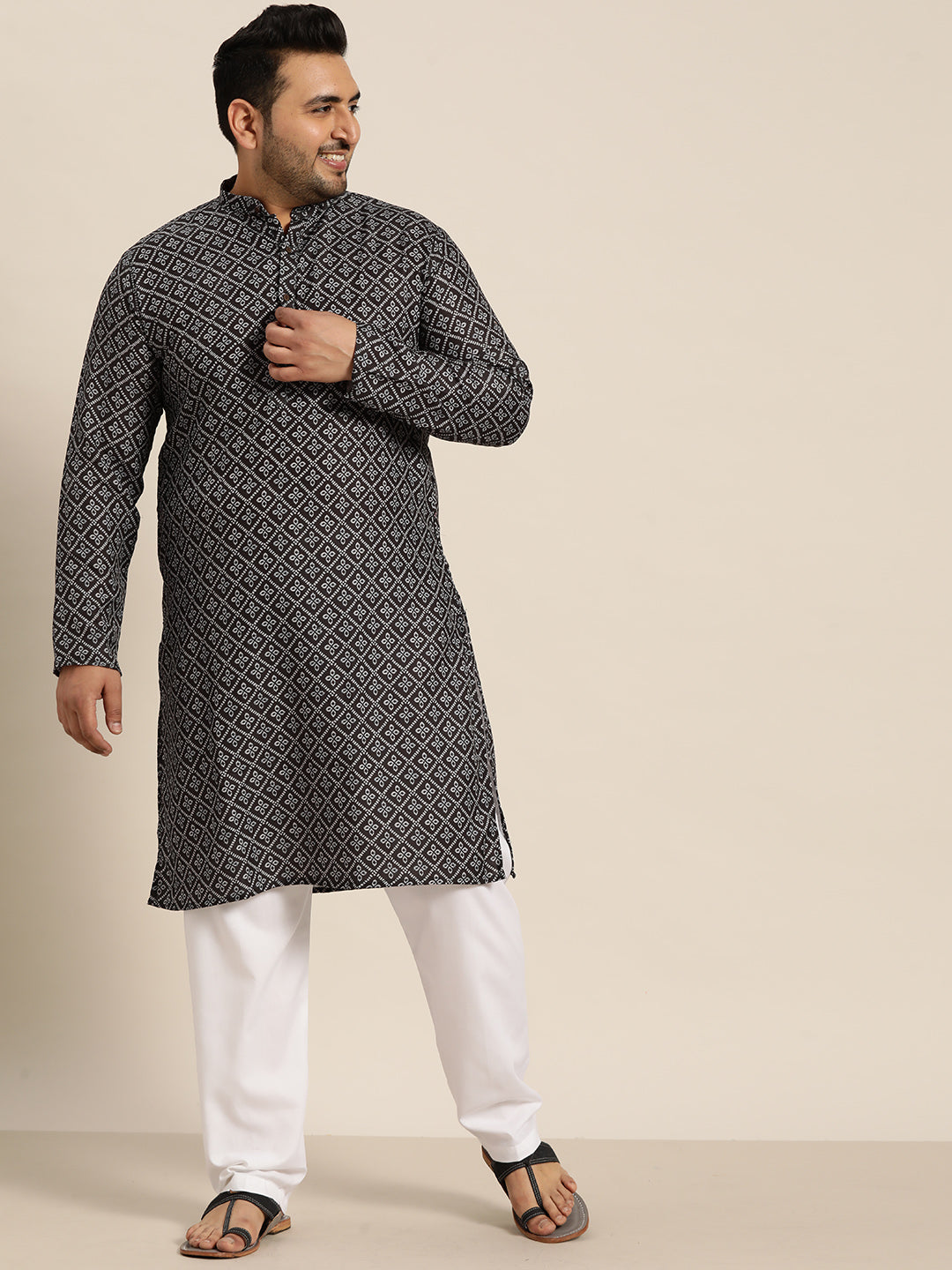 Men's Cotton Black and Grey Printed Kurta and White Pyjama