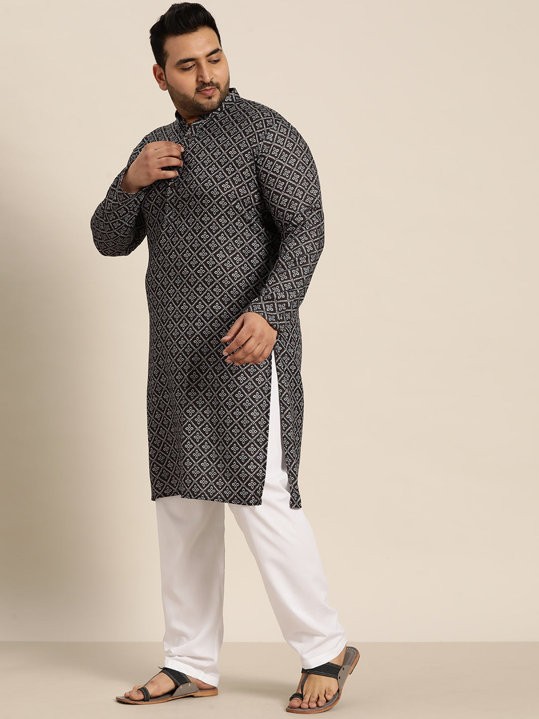 Men's Cotton Black and Grey Printed Kurta and White Pyjama