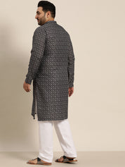 Men's Cotton Black and Grey Printed Kurta and White Pyjama