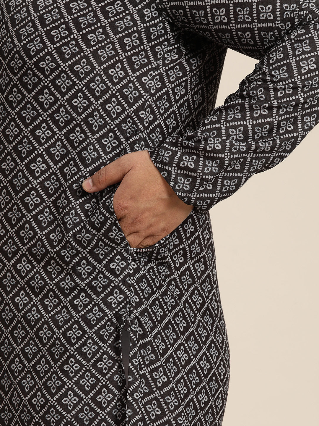 Men's Cotton Black and Grey Printed Kurta and White Pyjama