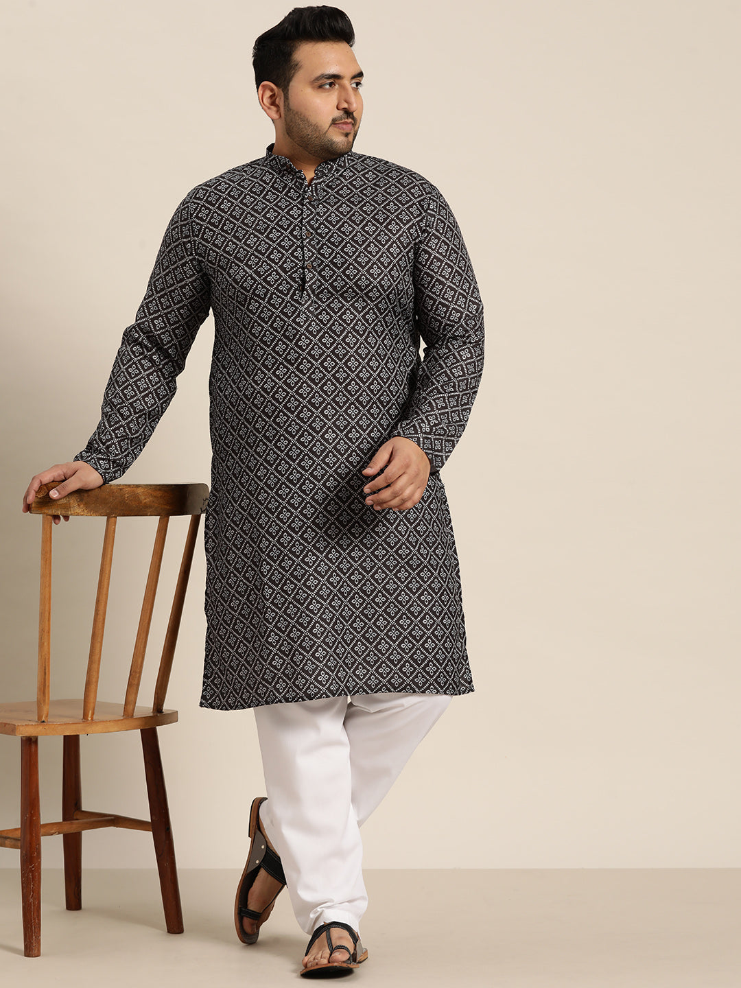 Men's Cotton Black and Grey Printed Kurta and White Pyjama