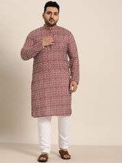 Men's Cotton Brown Printed Kurta and White Pyjama