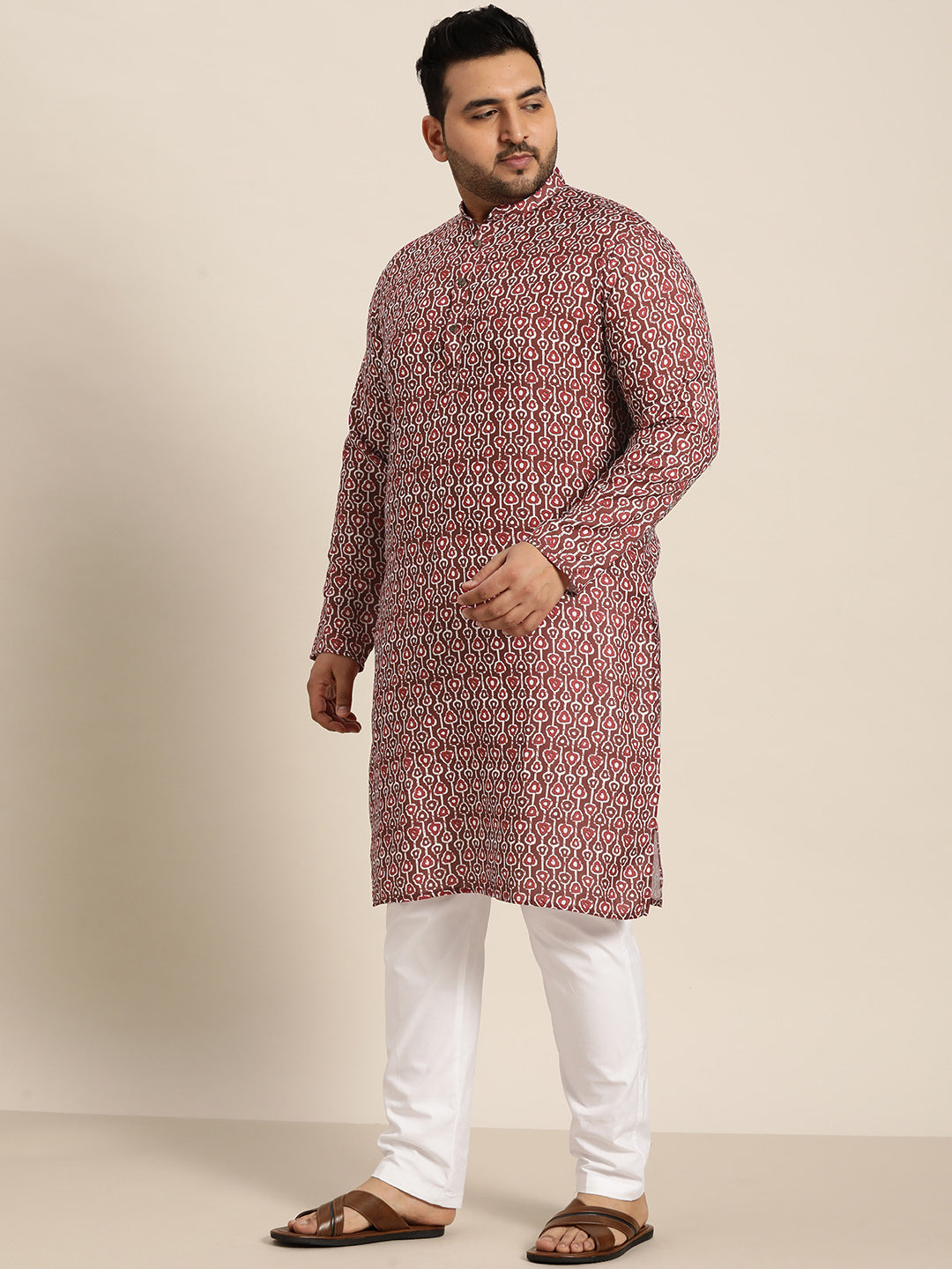 Men's Cotton Brown Printed Kurta and White Pyjama