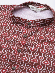 Men's Cotton Brown Printed Kurta and White Pyjama