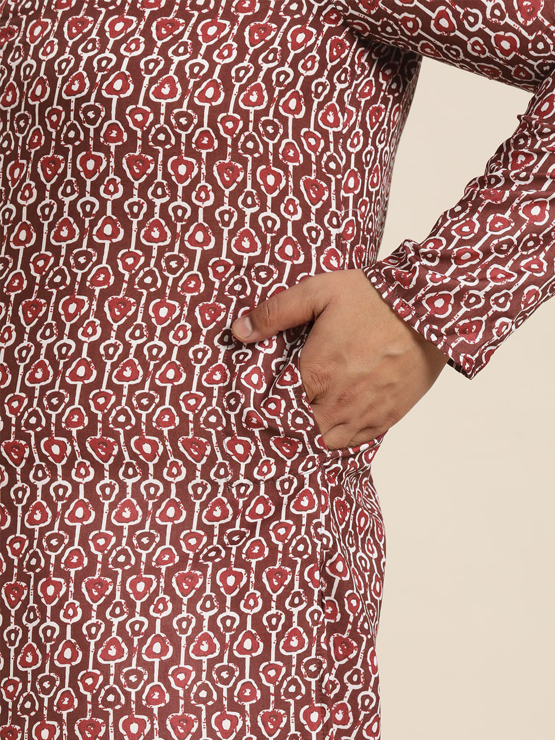 Men's Cotton Brown Printed Kurta and White Pyjama