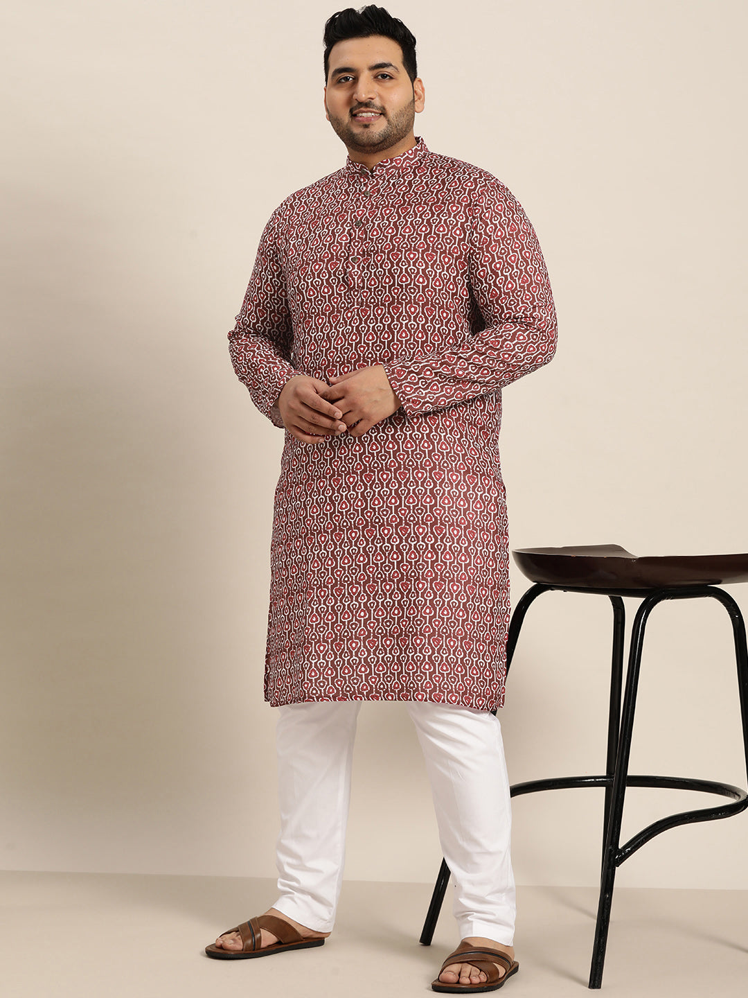 Men's Cotton Brown Printed Kurta and White Pyjama