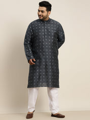 Men's Cotton Blend Grey & Silver Self Design Kurta