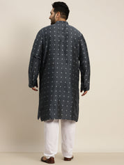 Men's Cotton Blend Grey & Silver Self Design Kurta