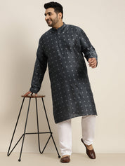 Men's Cotton Blend Grey & Silver Self Design Kurta