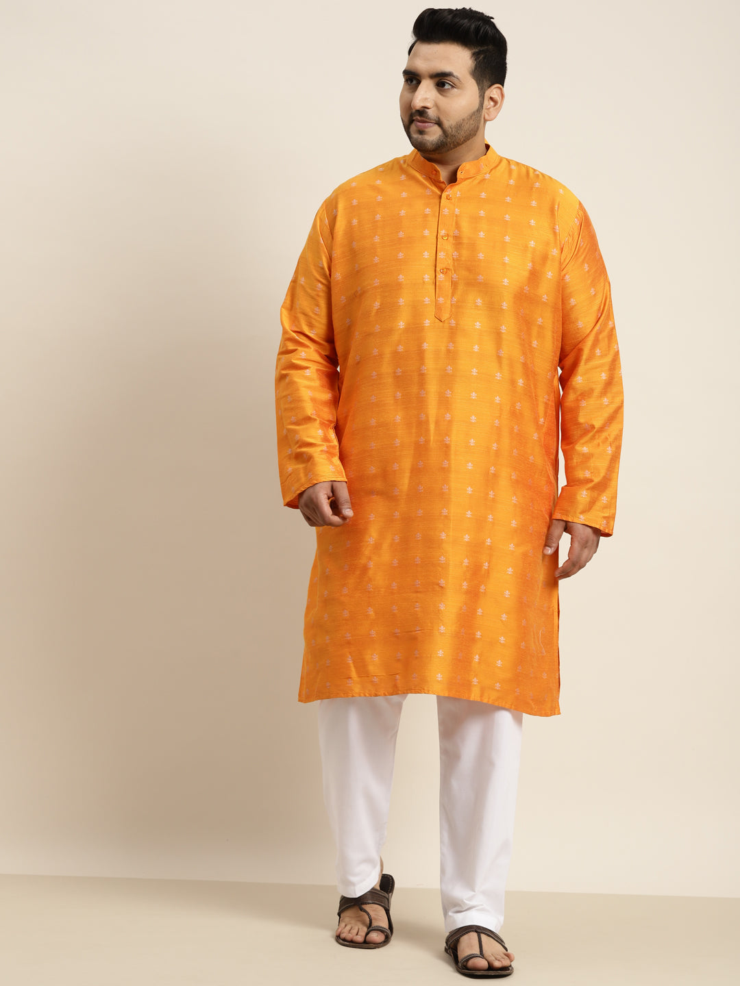 Men's Cotton Blend Orange & Silver Self Design Kurta