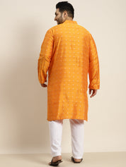 Men's Cotton Blend Orange & Silver Self Design Kurta