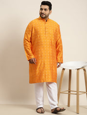 Men's Cotton Blend Orange & Silver Self Design Kurta