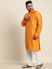 Men's Cotton Blend Orange & Silver Self Design Kurta