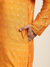 Men's Cotton Blend Orange & Silver Self Design Kurta