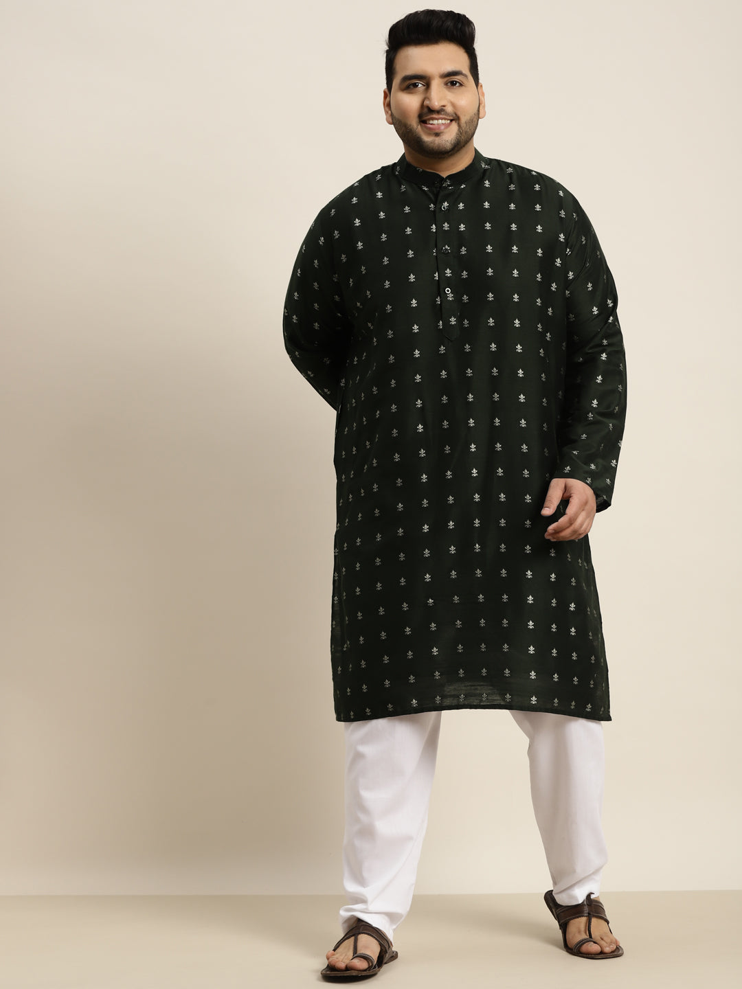 Men's Cotton Blend Dark Green & Silver Self Design Kurta