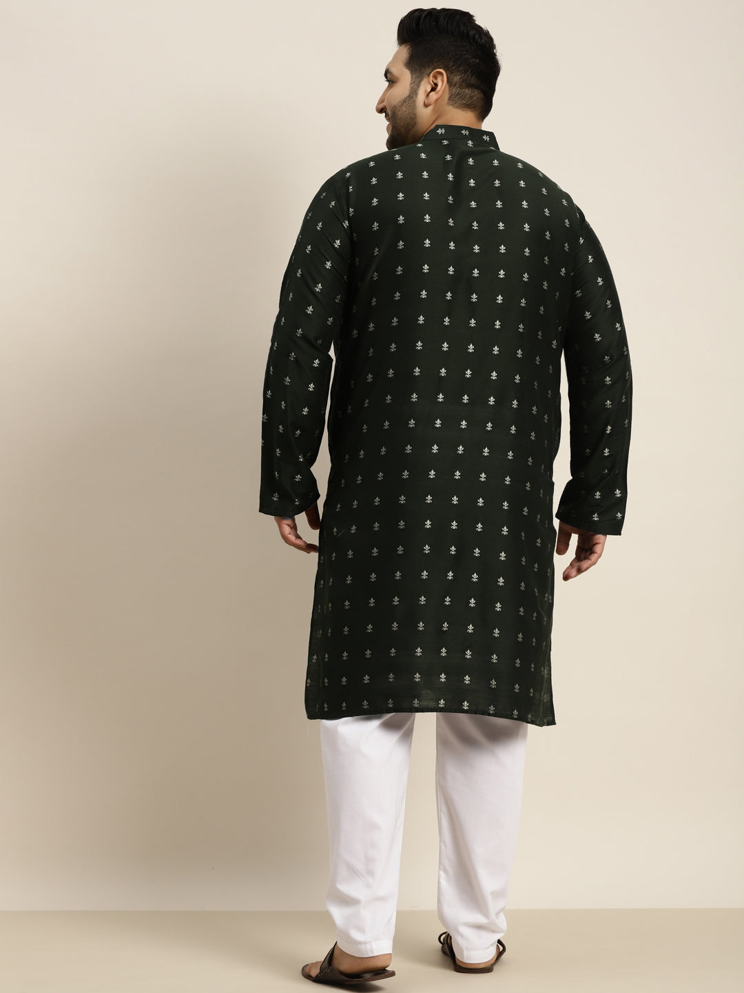 Men's Cotton Blend Dark Green & Silver Self Design Kurta