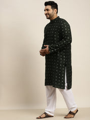 Men's Cotton Blend Dark Green & Silver Self Design Kurta