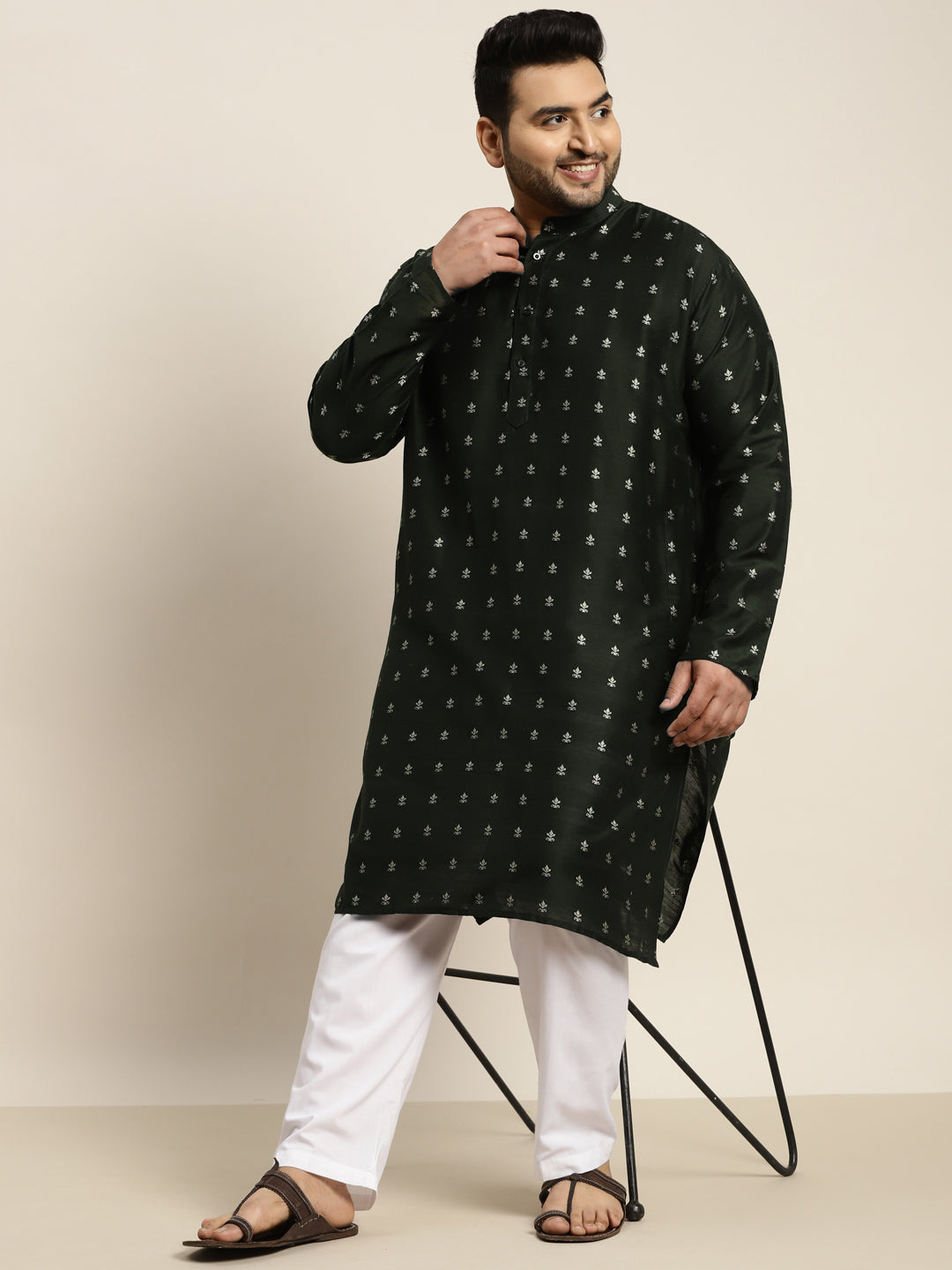 Men's Cotton Blend Dark Green & Silver Self Design Kurta