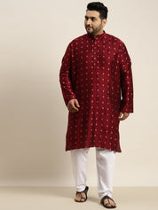 Men's Cotton Blend Maroon & Silver Self Design Kurta