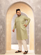 Men's Floral Print Cotton Blend Green Kurta With White Pyjama