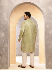 Men's Floral Print Cotton Blend Green Kurta With White Pyjama
