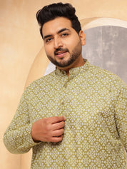 Men's Floral Print Cotton Blend Green Kurta With White Pyjama