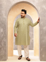 Men's Floral Print Cotton Blend Green Kurta With White Pyjama