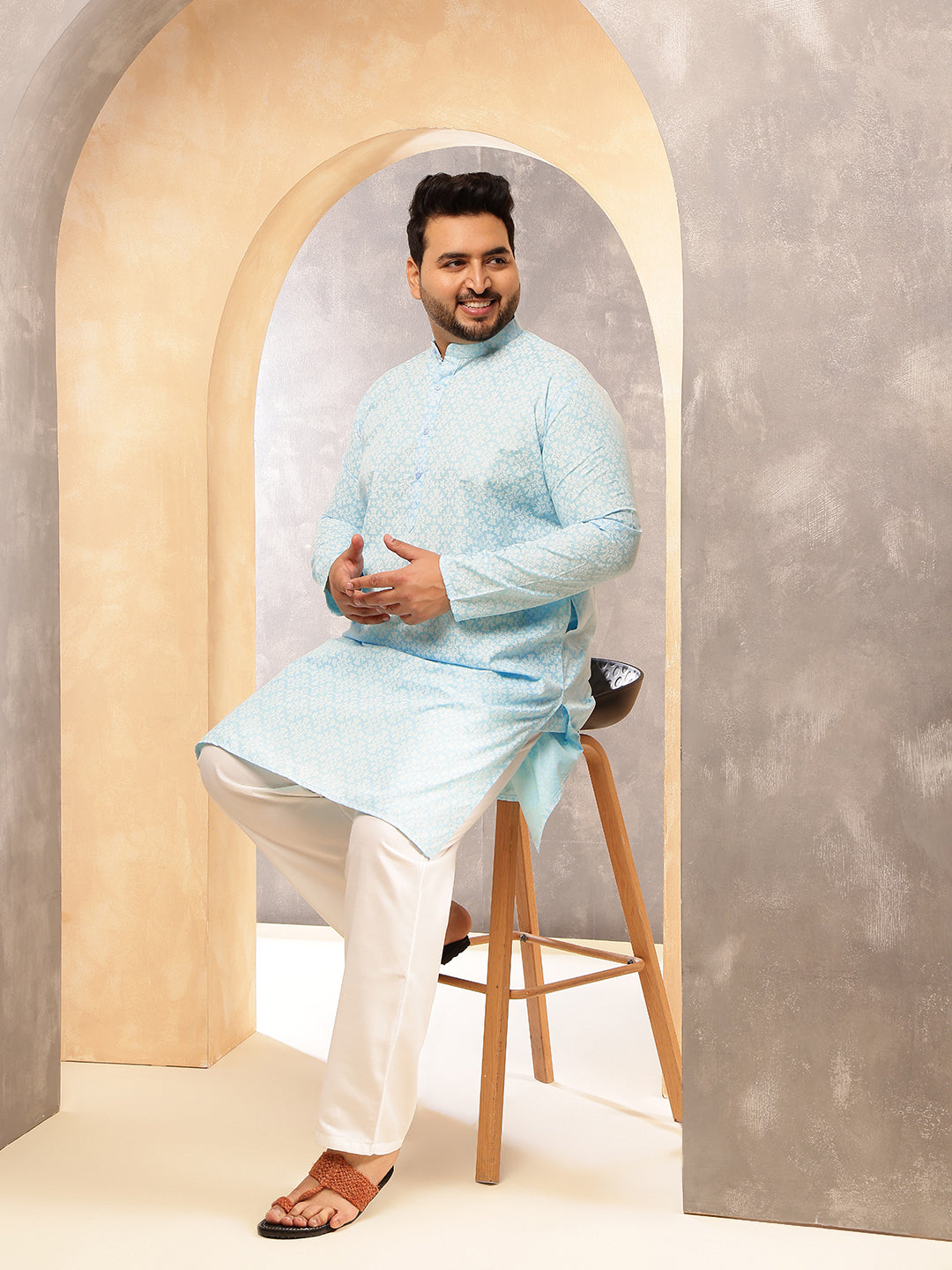 Men's Floral Print Cotton Blend Sky Blue Kurta With White Pyjama