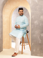 Men's Floral Print Cotton Blend Sky Blue Kurta With White Pyjama