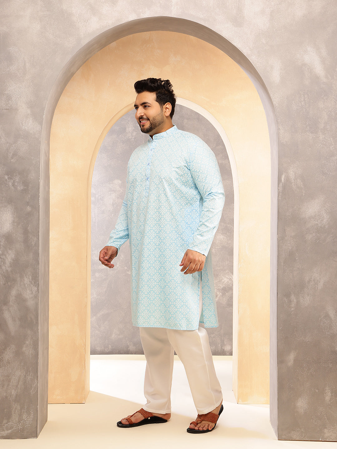 Men's Floral Print Cotton Blend Sky Blue Kurta With White Pyjama