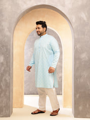 Men's Floral Print Cotton Blend Sky Blue Kurta With White Pyjama