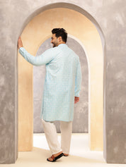 Men's Floral Print Cotton Blend Sky Blue Kurta With White Pyjama