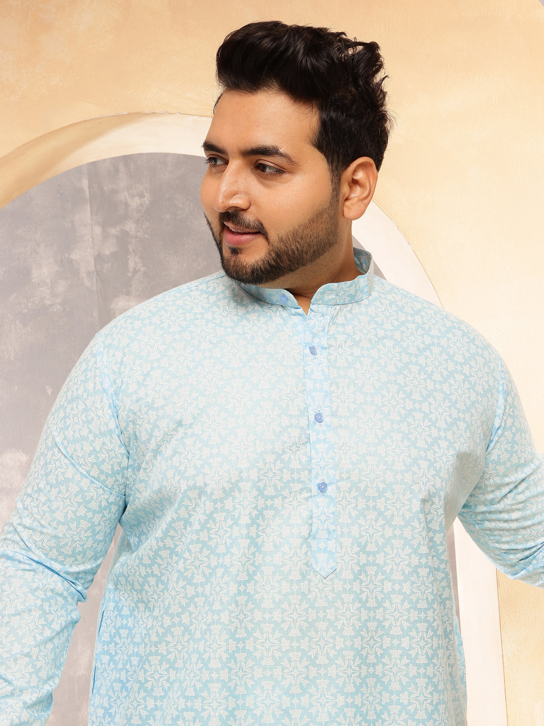 Men's Floral Print Cotton Blend Sky Blue Kurta With White Pyjama