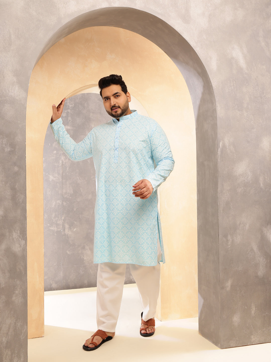 Men's Floral Print Cotton Blend Sky Blue Kurta With White Pyjama